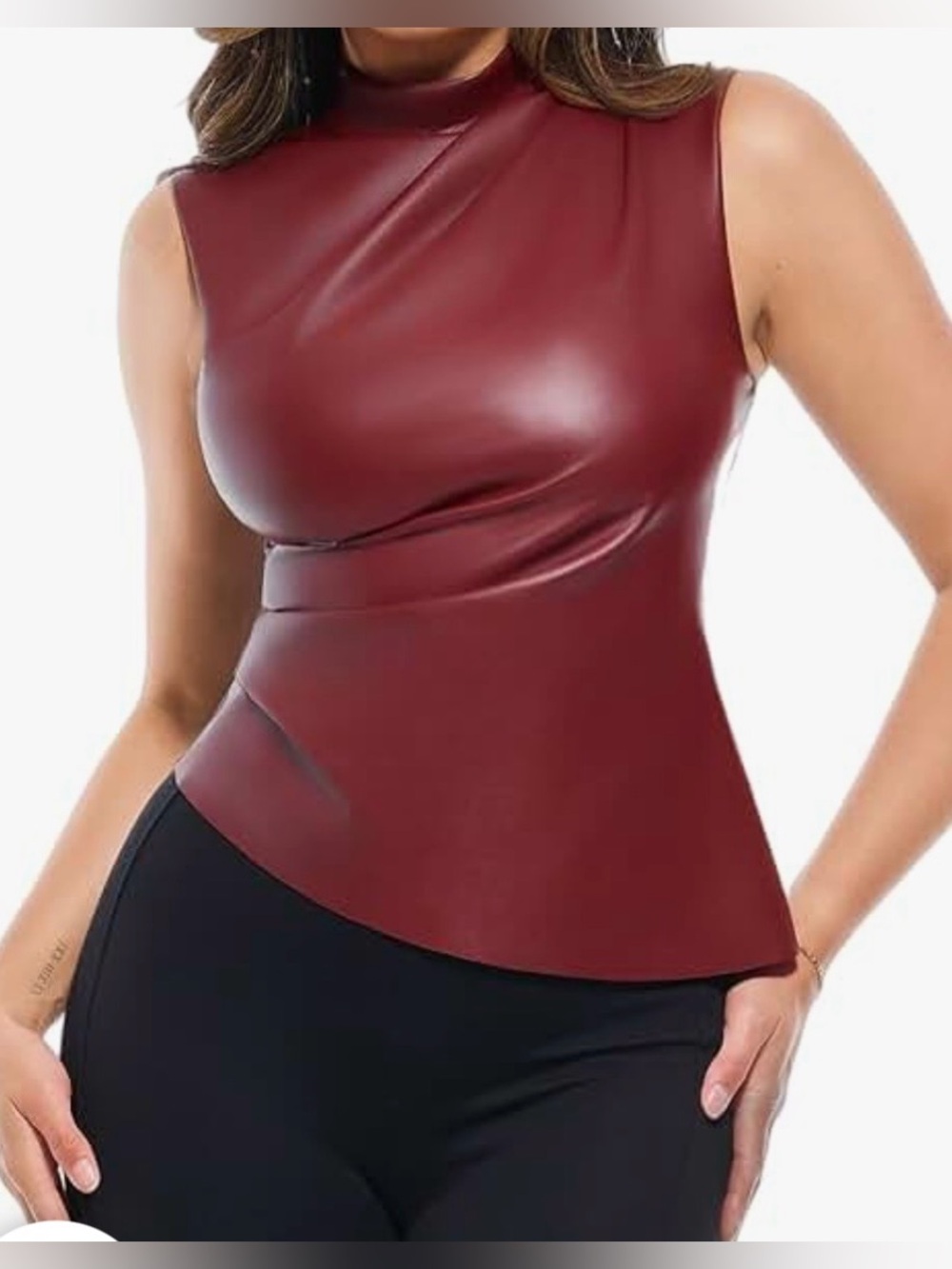 Popilush Sleeveless Faux Leather high neck Top bodysuit Burgundy Womens L-NWT